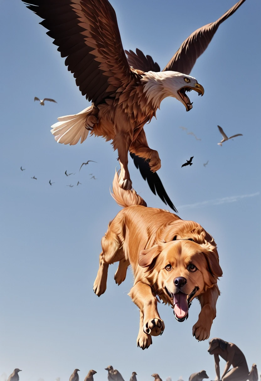 There is a bird flying over the dog, Eagle eats snakes, Flying giant animals, Hot Photos, Intense Combat, flying mythical beasts, The puppies merged into one, Threatening!!!, Split into wings in half, caught on camera, Thought-provoking, Very accurate pictures, Extremely clear images, Good vs. Evil, The battle between good and evil, standoff