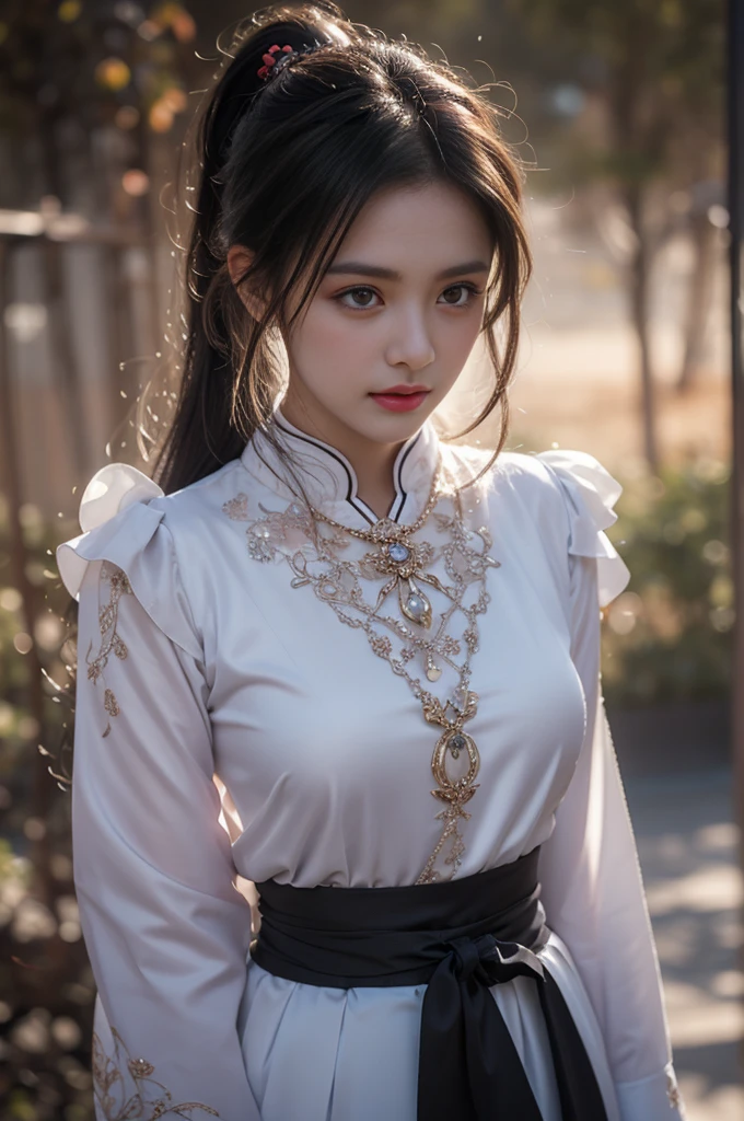 1 beautiful girl in Hanfu costume, ((thin purple-black silk shirt with many patterns)), white lace shirt, long platinum purple ponytail Hair, Jewelry, ear jewelry, necklace necklace and necklace, carefully drawn big purple eyes, careful makeup, Thin eyebrows, high nose, beautiful red lips, no smile, pursed lips, pink cheeks, wide chest, big chest, proportionate chest, waist slim, purple fishnet stockings, feet in white shoes, Chinese hanfu style, fictional art texture, many bright and realistic colors, RAW photos, Realistic photos, ultra-high quality 8k surreal photos, (effective fantasy lighting effect: 1.8), 10 x pixels, magic effect (Background): 1.8), super detailed eyes, full body portrait of girl, Chinese royal garden background, fourth dynamic position