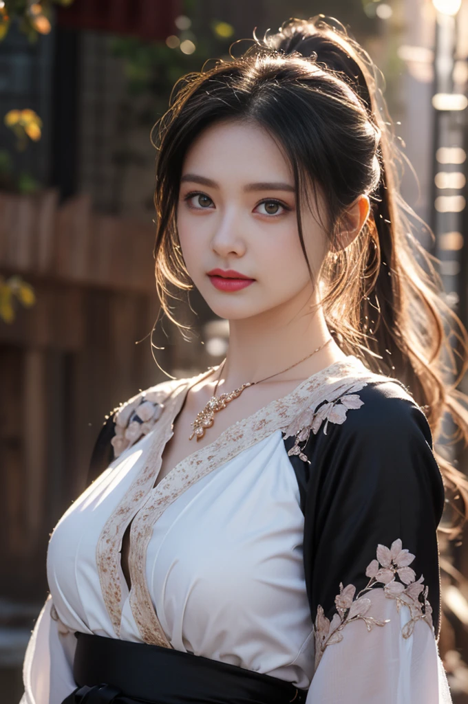 1 beautiful girl in Hanfu costume, ((thin purple-black silk shirt with many patterns)), white lace shirt, long platinum purple ponytail Hair, Jewelry, ear jewelry, necklace necklace and necklace, carefully drawn big purple eyes, careful makeup, Thin eyebrows, high nose, beautiful red lips, no smile, pursed lips, pink cheeks, wide chest, big chest, proportionate chest, waist slim, purple fishnet stockings, feet in white shoes, Chinese hanfu style, fictional art texture, many bright and realistic colors, RAW photos, Realistic photos, ultra-high quality 8k surreal photos, (effective fantasy lighting effect: 1.8), 10 x pixels, magic effect (Background): 1.8), super detailed eyes, full body portrait of girl, Chinese royal garden background, fourth dynamic position