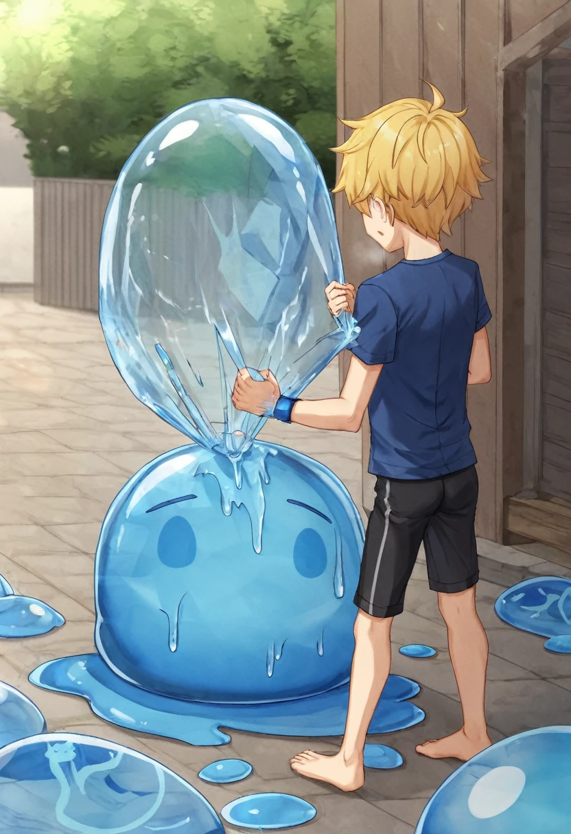 Boys，Little male cat，boy们，Has a tail，charming的，Thin，struggle，eternal，Crystalline，Blue slime，Feet turned into crystal，双手变成Blue slime，illumination，freeze，脚被freeze，charming，boy，Blue crystal feet，穿着Tight Fit衣，plastic，Full body portrait，Smooth，全身Tight Fit衣，Thin，Light blue gel coat，Full body gel coating，outdoor，naked，Small pants，Tight Fit，No clothes，脚陷入Blue Slime，Blue slime，Blue Slime，抱着Blue Slime