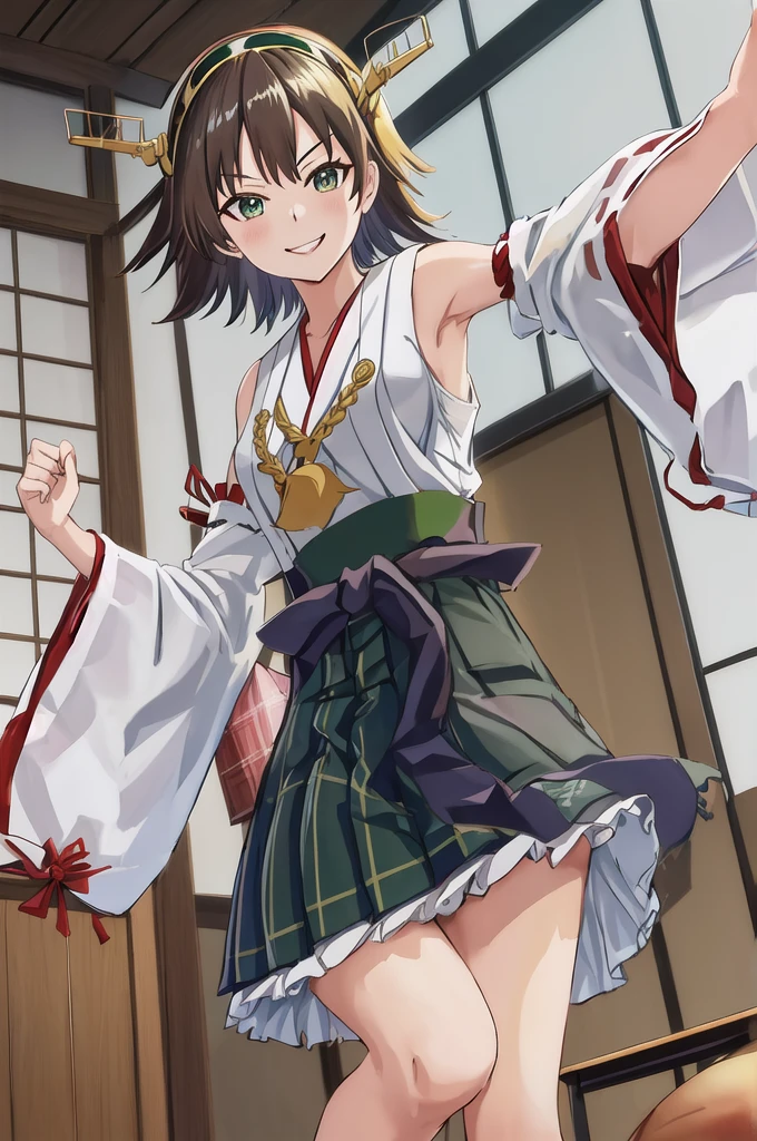 Highest quality, masterpiece, High resolution, alone, (Hiei Kaisan_Fleet Collection), ((オレンジ色hair)), hairband, headgear, Non-traditional_Shrine maiden, smile, green_eye, Inverted up_hair, smile, One Girl, dependent_sleeve, green_skirt, Plaid, Plaid_skirt, ribbon-trimmed_sleeve, ribbon_trim, skirt, (indoor, office, living room), 