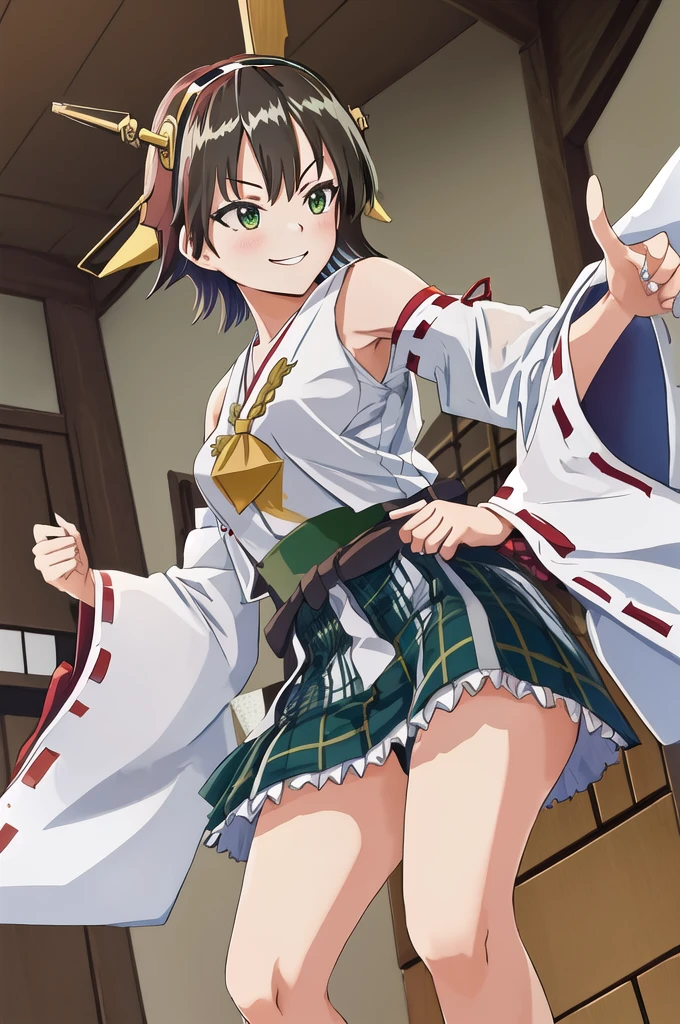 Highest quality, masterpiece, High resolution, alone, (Hiei Kaisan_Fleet Collection), ((オレンジ色hair)), hairband, headgear, Non-traditional_Shrine maiden, smile, green_eye, Inverted up_hair, smile, One Girl, dependent_sleeve, green_skirt, Plaid, Plaid_skirt, ribbon-trimmed_sleeve, ribbon_trim, skirt, (indoor, office, living room), 