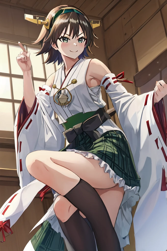 Highest quality, masterpiece, High resolution, alone, (Hiei Kaisan_Fleet Collection), ((オレンジ色hair)), hairband, headgear, Non-traditional_Shrine maiden, smile, green_eye, Inverted up_hair, smile, One Girl, dependent_sleeve, green_skirt, Plaid, Plaid_skirt, ribbon-trimmed_sleeve, ribbon_trim, skirt, (indoor, office, living room), 