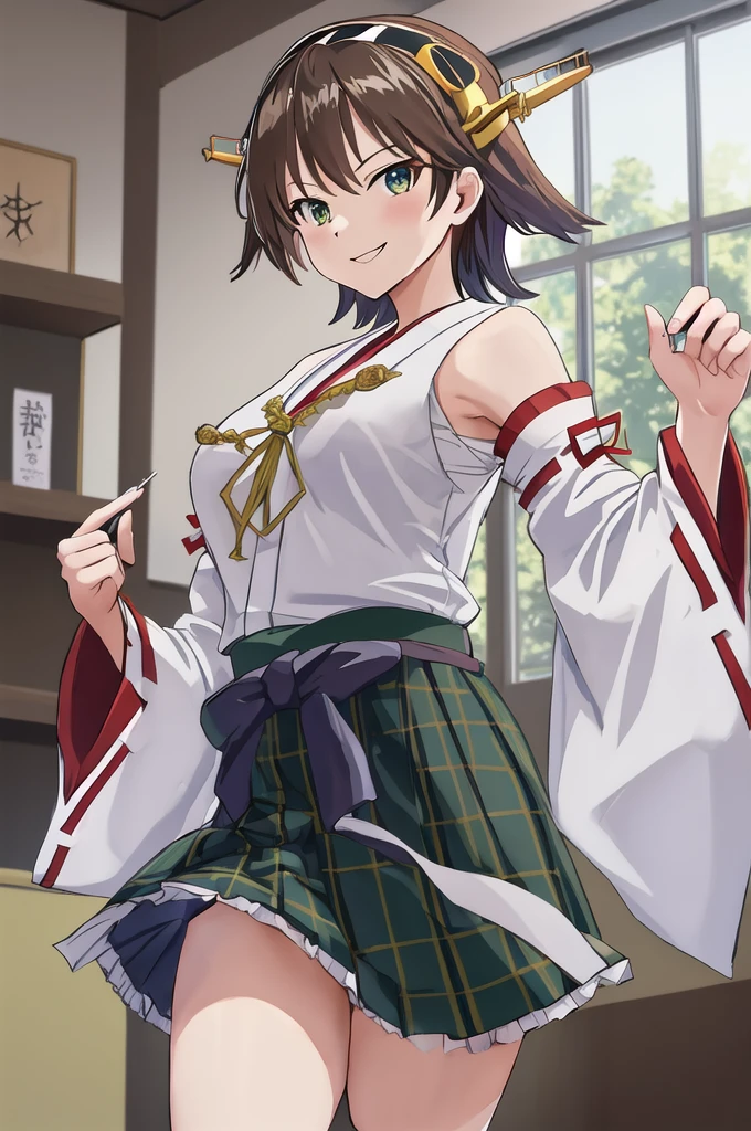 Highest quality, masterpiece, High resolution, alone, (Hiei Kaisan_Fleet Collection), ((オレンジ色hair)), hairband, headgear, Non-traditional_Shrine maiden, smile, green_eye, Inverted up_hair, smile, One Girl, dependent_sleeve, green_skirt, Plaid, Plaid_skirt, ribbon-trimmed_sleeve, ribbon_trim, skirt, (indoor, office, living room), 