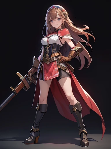 Imagine perfect image.most beautiful girl in full body,  standing, with her legs open,  Tender smile, sharp teeth, Fangs,  mischievous look, medium breasts, long brown hair,  blue almond eyes, holding a 17th century musket ( rifle) and wearing a short pink micro dress, black fitted cycling shorts, leather corset, leather breastplate, Leather heel boots, leather gloves, in an anime style, inspired by genshin impact. With great 4k quality, well detailed, simple white background