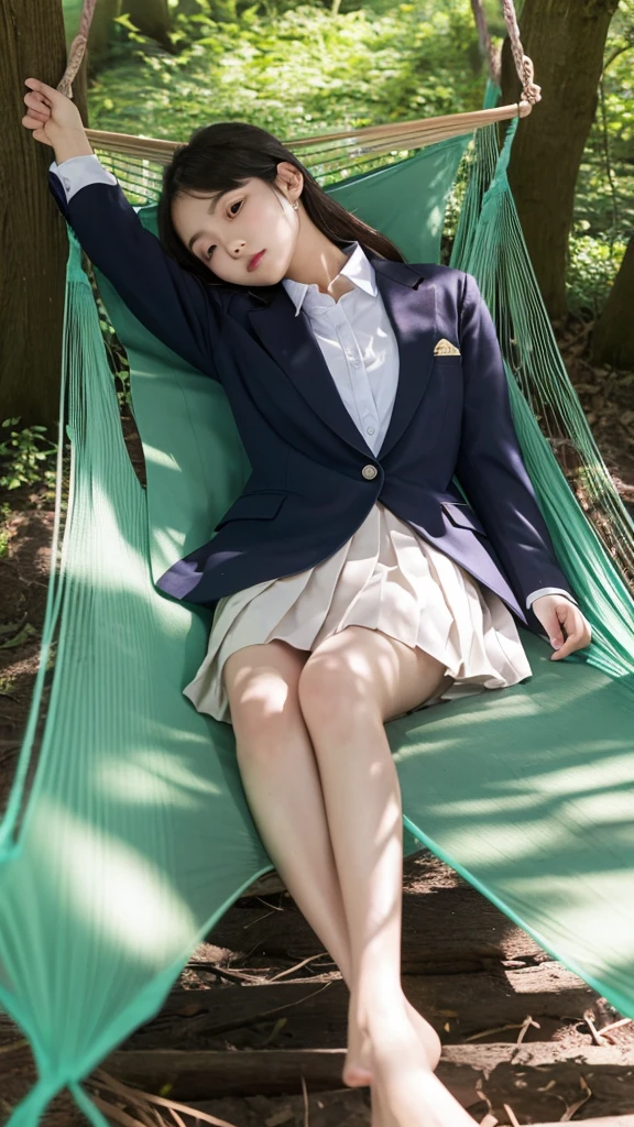masterpiece, Highest quality, One girl, alone, Nahida_Genshin Impact, Cruciform pupil, ,blazer, Pleated skirt,Daytime: Sleeping in a hammock in the woods