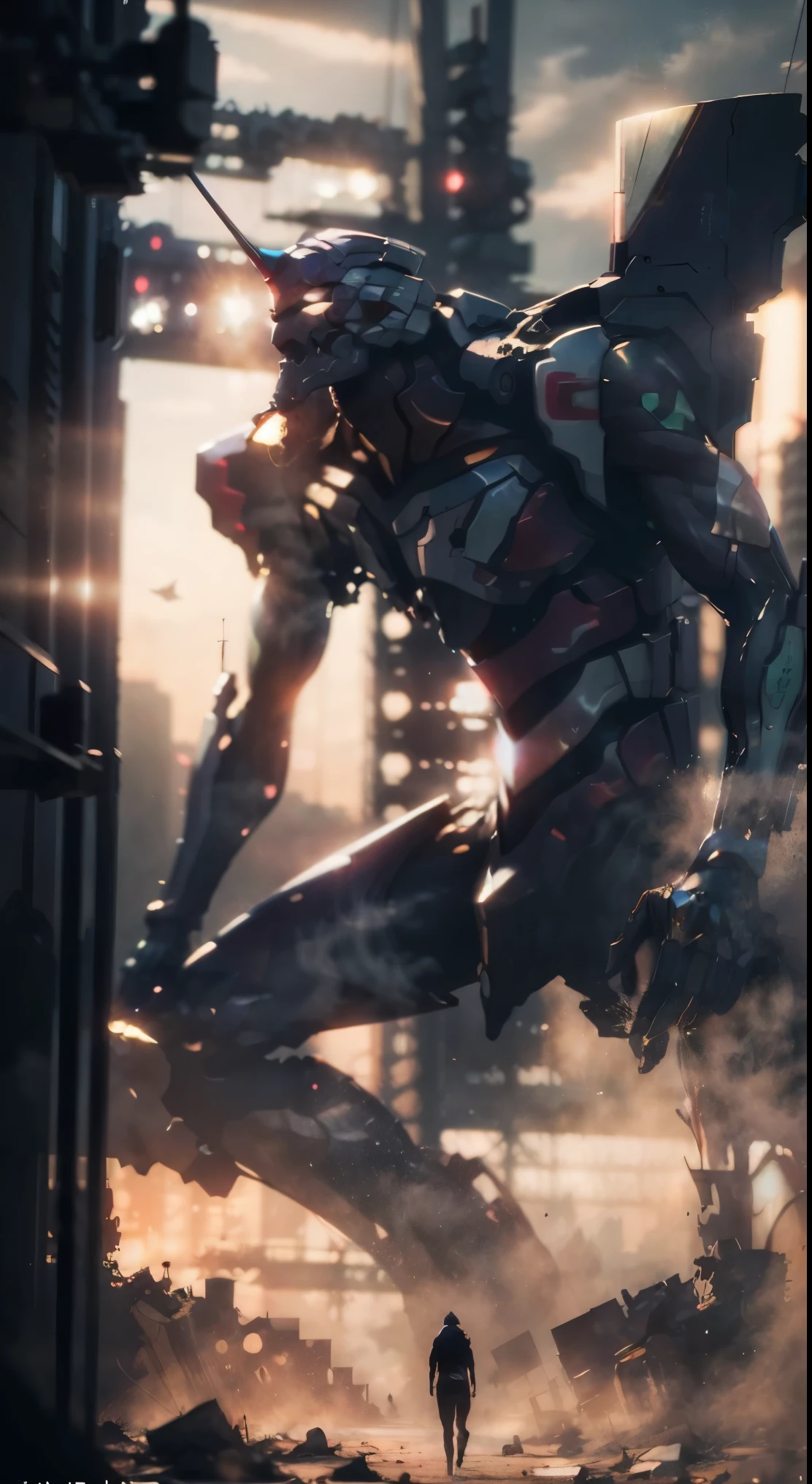 a highly detailed and realistic full-body portrait of Eva 01, an anime mecha character, walking among futuristic buildings, dramatic lighting, cinematic composition, volumetric fog, intricate mechanical details, dynamic pose, gleaming metallic textures, neon-lit cityscape background, hyper-detailed, 8K, photorealistic