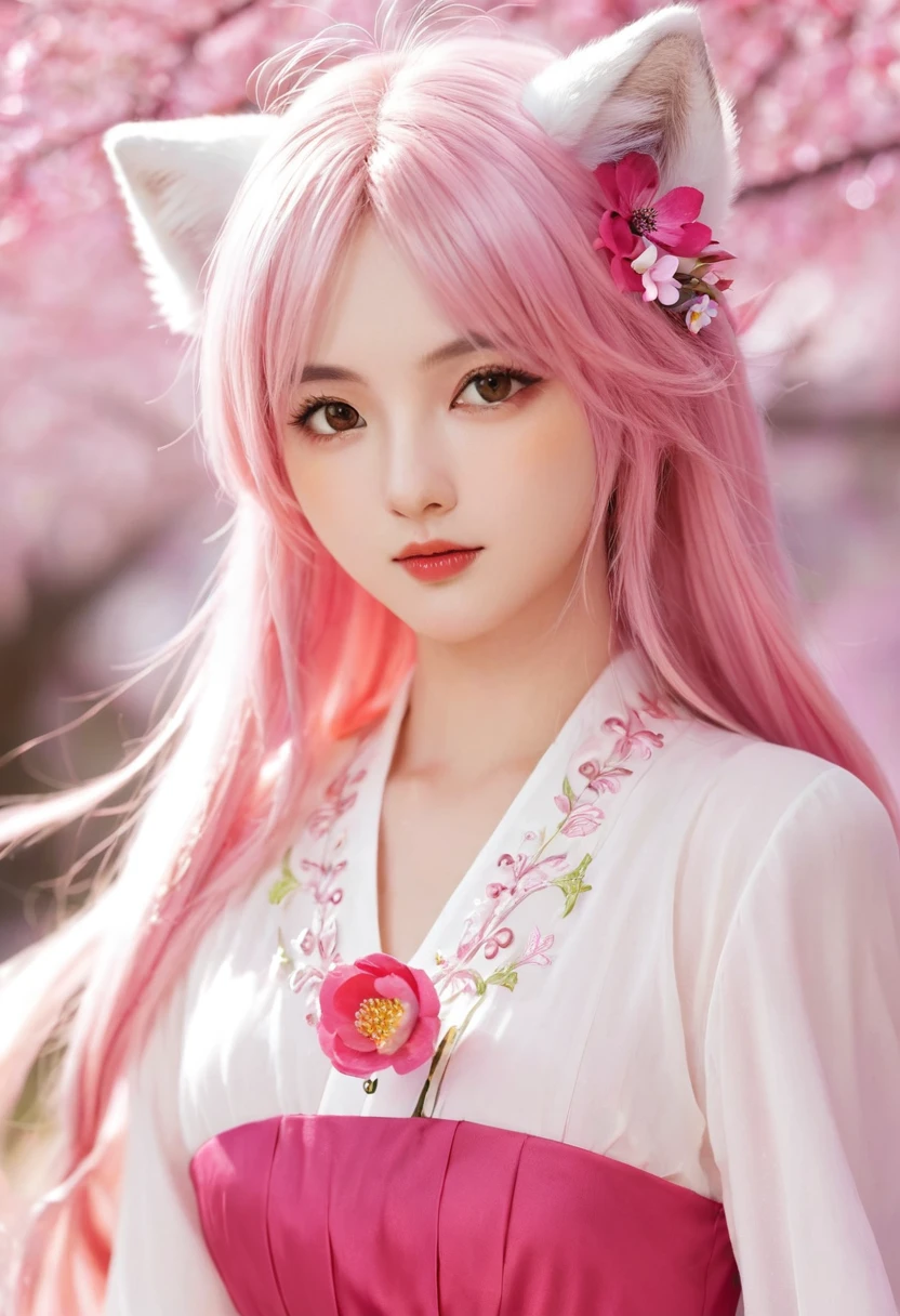 Nine snow-white fox tails (1.0), Milky white fox tail (1.0), Nine-tailed fox close-up, Nine Tails, Nine Tails, Pink Hair、Wearing a pink dress、Anime girl with flowers in her hair, very Beautiful anime fox girl, Beautiful anime fox girl, Beautiful fantasy anime, Gu Weiss, Anime girl with fox ears, Beautiful anime girl, Very beautiful and cute fox girl, Pink Flower Rain, Background blur, Anime style 4k, Anime Fantasy Artwork, 4k anime wallpaper, Guvez-style artwork