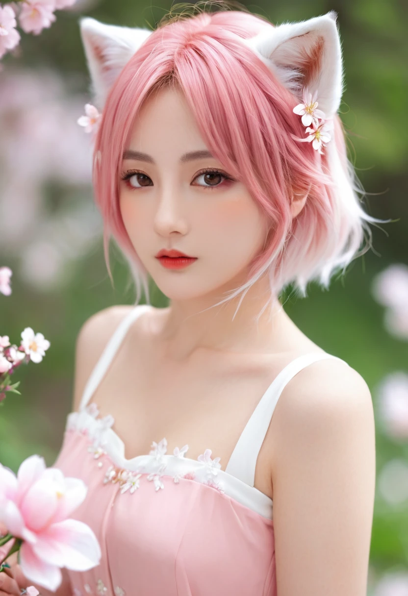 Nine snow-white fox tails (1.0), Milky white fox tail (1.0), Nine-tailed fox close-up, Nine Tails, Nine Tails, Pink Hair、Wearing a pink dress、Anime girl with flowers in her hair, very Beautiful anime fox girl, Beautiful anime fox girl, Beautiful fantasy anime, Gu Weiss, Anime girl with fox ears, Beautiful anime girl, Very beautiful and cute fox girl, Pink Flower Rain, Background blur, Anime style 4k, Anime Fantasy Artwork, 4k anime wallpaper, Guvez-style artwork