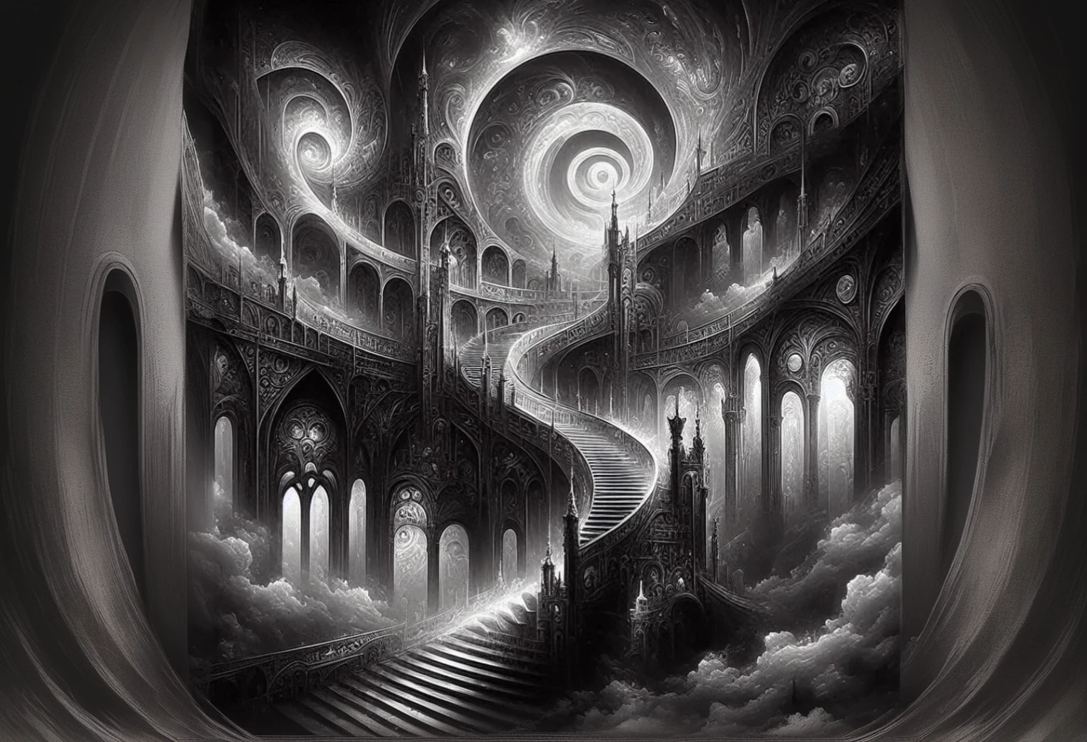 a black and white image of a staircase leading to a castle, Symmetrical epic fantasy art, highly detailed dark art, surreal black fantasy, a sinister fantasy illustration, surreal dark art, dark fantasy art, Intricate and epic composition, black fantasy style art, black fantasy artwork, gothic fantasy art, black fantasy. Intricate, black fantasy illustration, Intricate fantasy painting