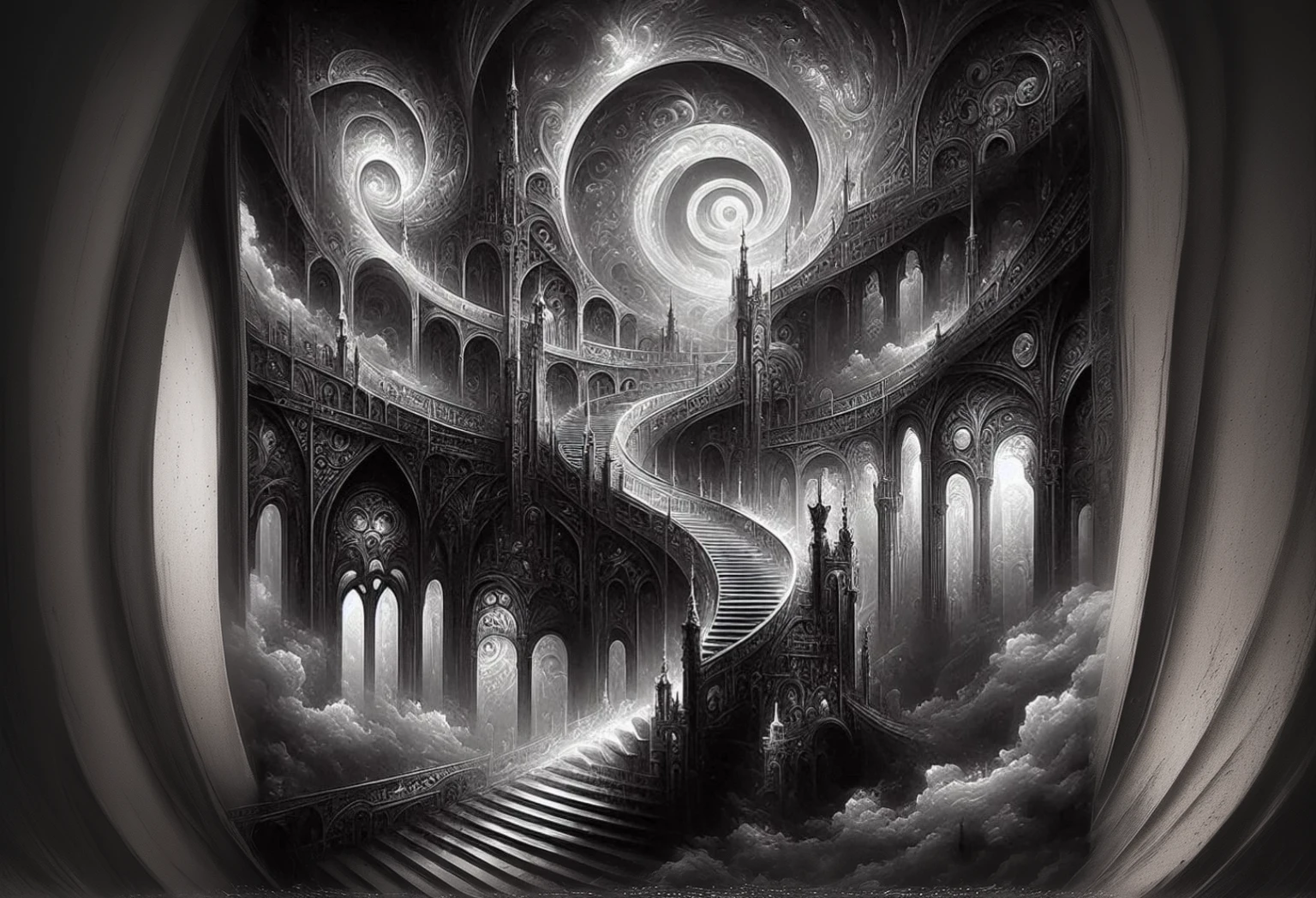 a black and white image of a staircase leading to a castle, Symmetrical epic fantasy art, highly detailed dark art, surreal black fantasy, a sinister fantasy illustration, surreal dark art, dark fantasy art, Intricate and epic composition, black fantasy style art, black fantasy artwork, gothic fantasy art, black fantasy. Intricate, black fantasy illustration, Intricate fantasy painting