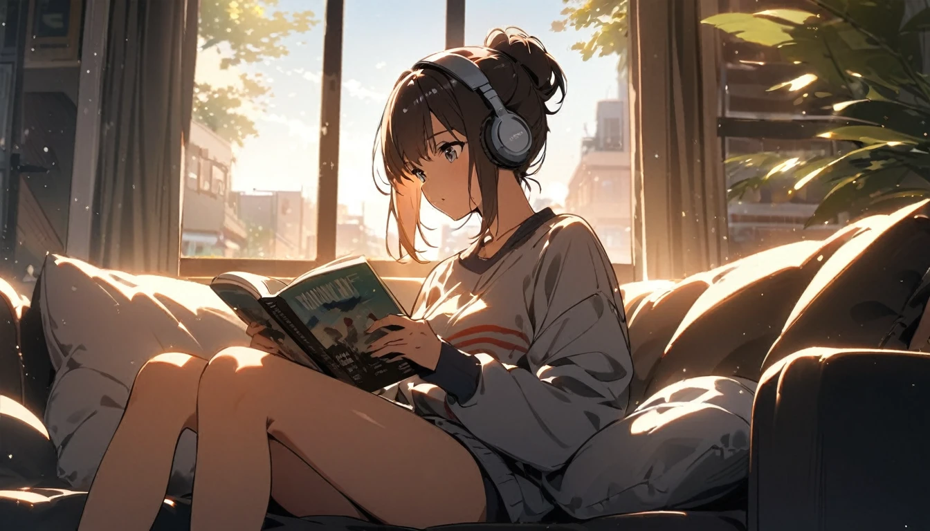 Girl sitting on sofa reading a book,In front of a large window,Morning sunlight,Streetscape、listen to music、
