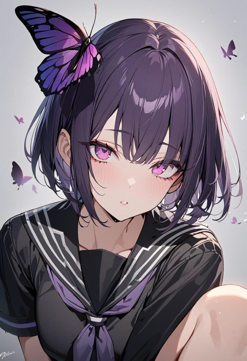 One girl, best quality, masterpiece, fun, beautiful girl, big eyes, pink eyes, dark purple hair, short hair, black sailor suit, butterfly, butterfly, gray background