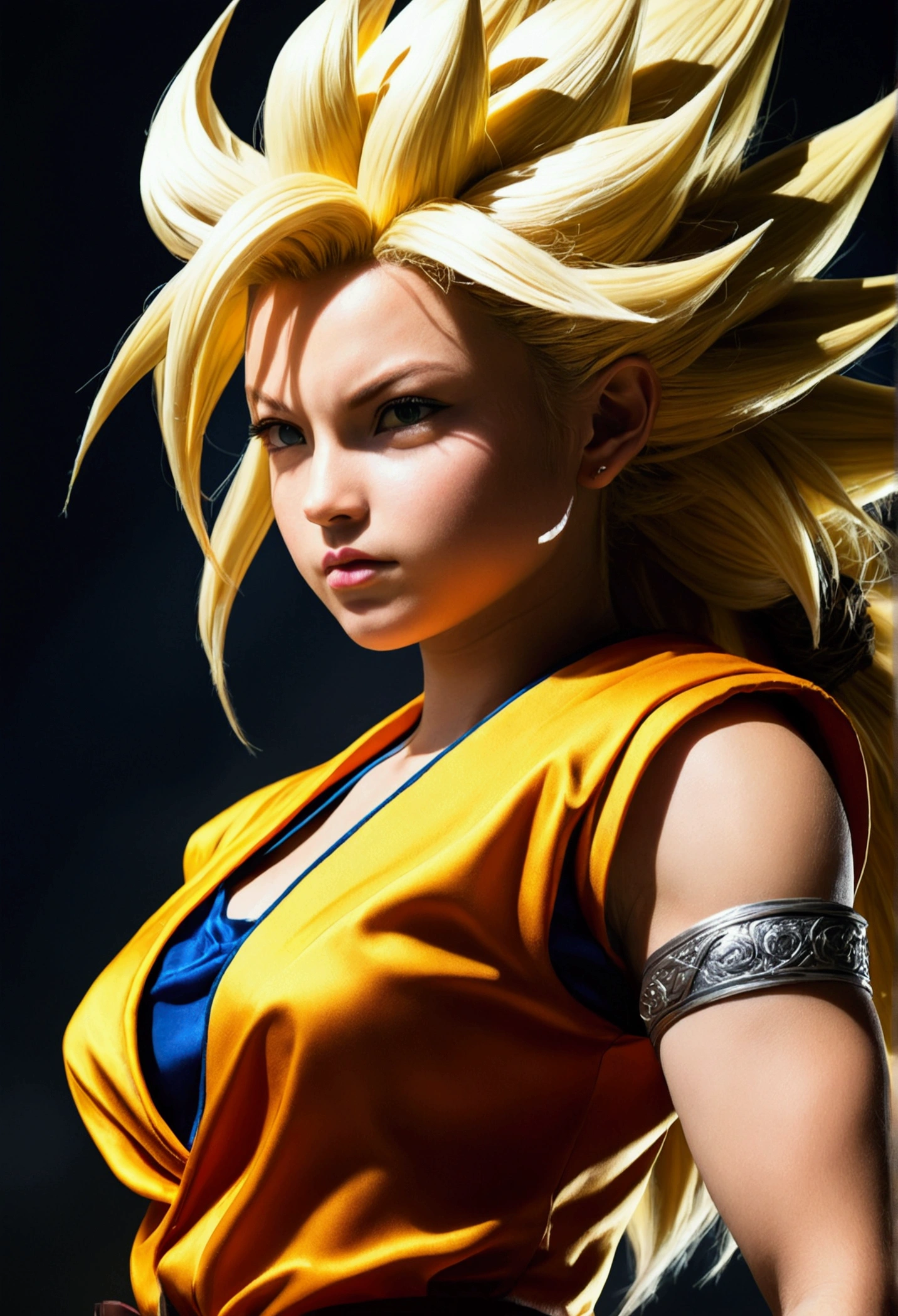masterpiece, best quality, female goku, femalesuper Saiyan, yellow hair