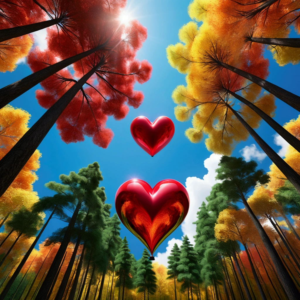"Visualize an interpretation of a heart , floating through the sky above a living and dynamic forest. Incorporate bold colors and sharp angles, to convey a feeling of movement and tension. Play with perspective and layering, to create a multidimensional composition, which questions traditional notions of space and form. Be inspired by the avant-garde spirit and see nature in a fresh and innovative light.. Unleash your creativity, as you bring this imaginative scene to life on the screen."