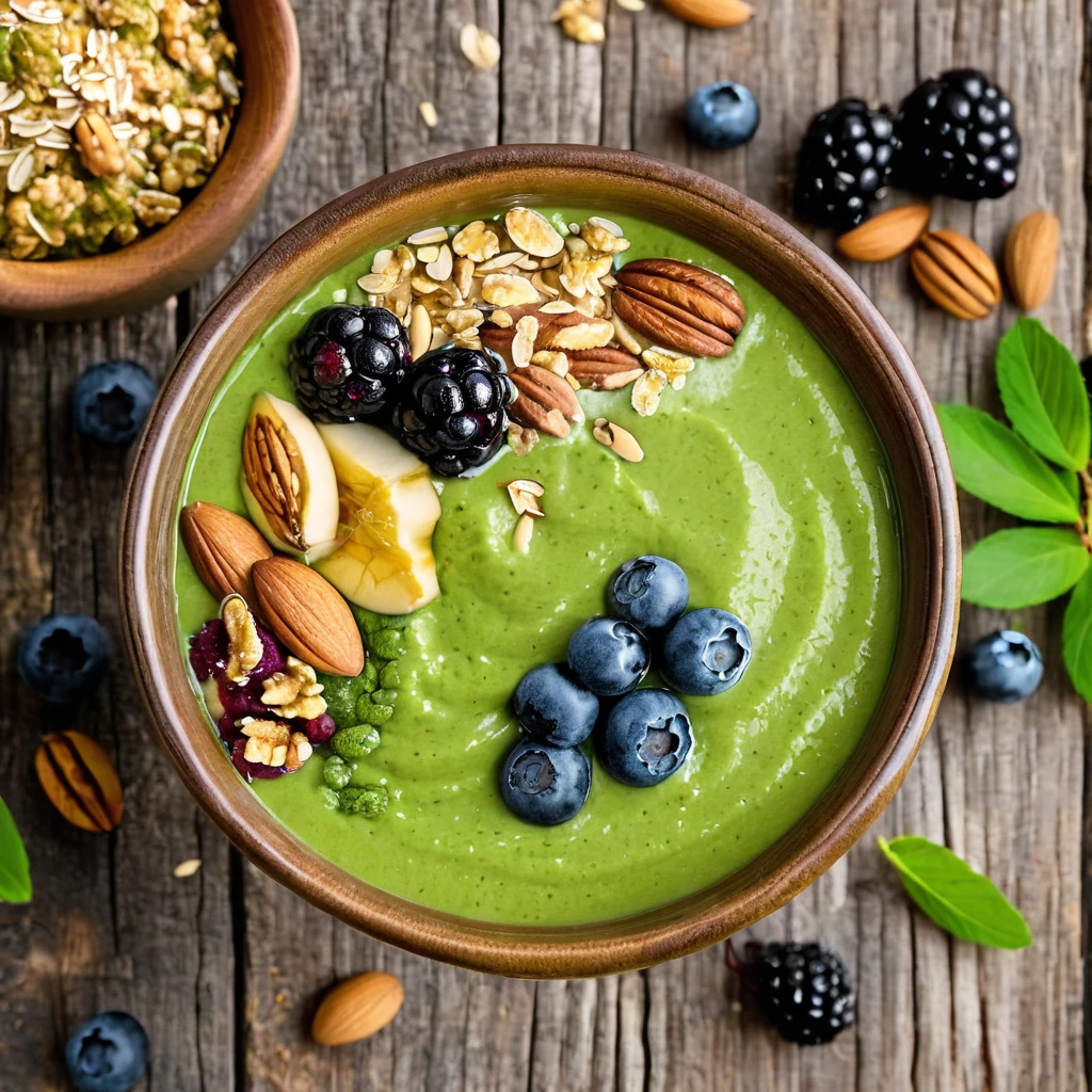 bowl of matcha green tea smoothie with fresh berries, nuts and oat granola  for healthy breakfast ,rustic  wooden background