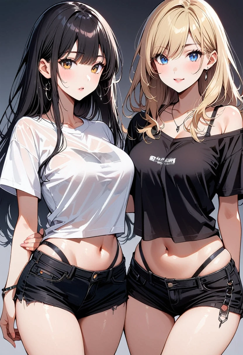 Two Women。,One is blonde with long hair、18-year-old、Headband、Large Breasts、Small waist、Big Ass、Mini hot pants、Cleavage、Oversized shirt、belly button、。,The other has short black hair、18-year-old、slender、Small breasts、Small waist、Big Ass、Distressed jeanini hot pants、Black see-through T-shirt、Intricately patterned lingerie showing through her T-shirt。
