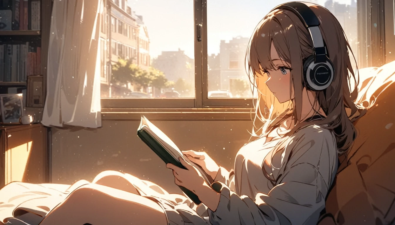 Girl sitting on sofa reading a book,In front of a large window,Morning sunlight,Streetscape、listen to music、