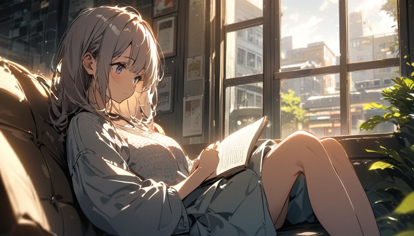Girl sitting on sofa reading a book,In front of a large window,Morning sunlight,Streetscape、listen to music、