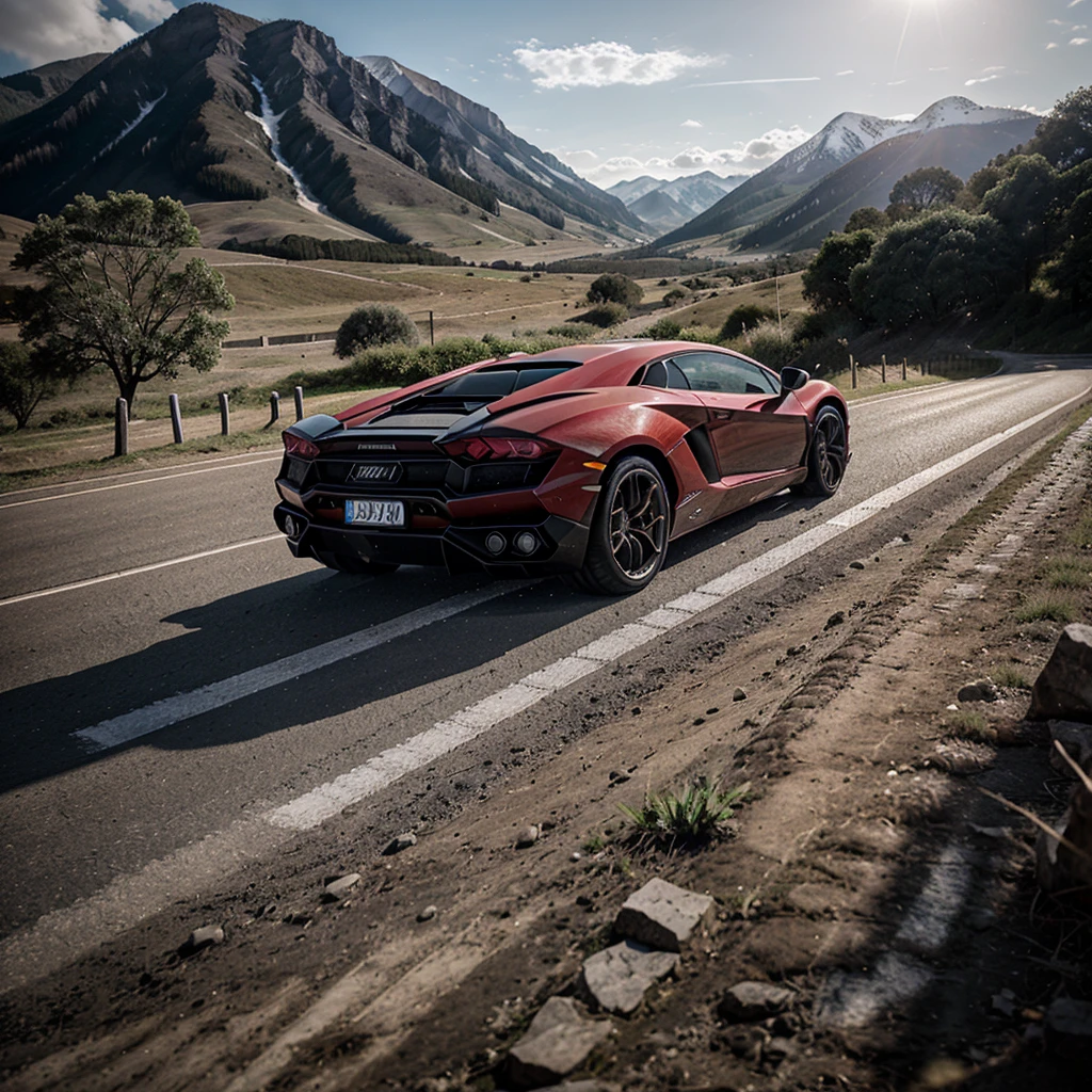 Lamborghini Aventador Exudes raw power and aggressive around mountain in Red colour side pose