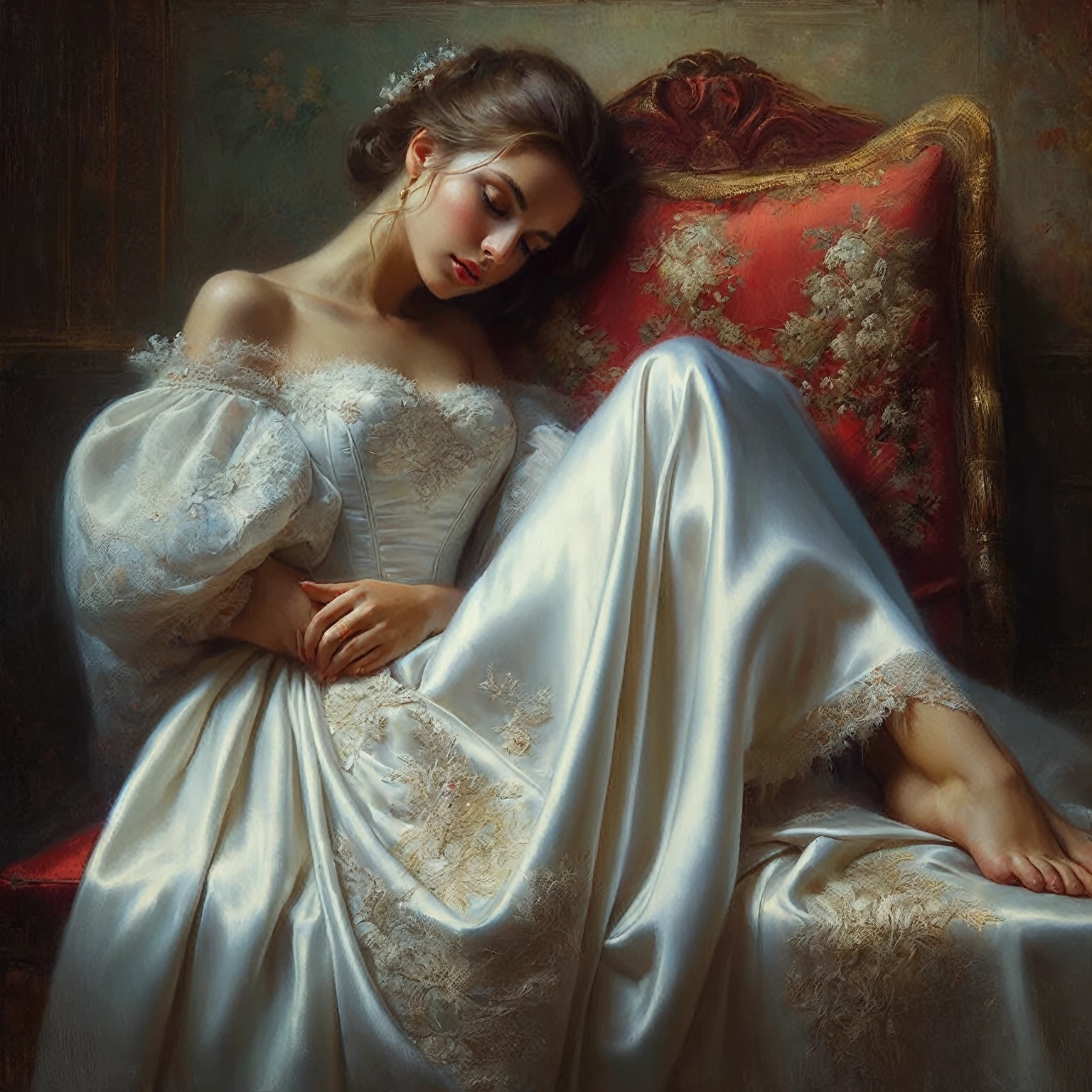 arafed woman in a white dress laying on a red chair, lovely languid princess, volegov, 8 k hd detailed oil painting, romanticism portrait, by Alexander Kucharsky, elegant oil painting, inspired by Pierre Auguste Cot, by Vladimir Novak, elegant digital painting, romanticism art style, dreamy art, sensual painting, elegant portrait