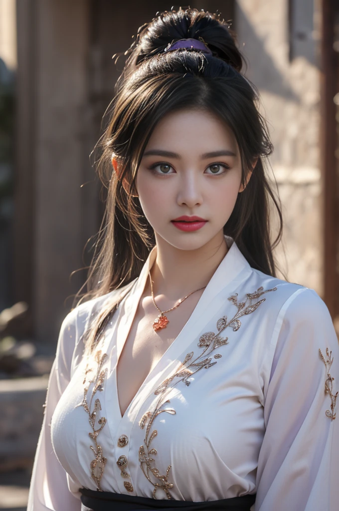 1 beautiful girl in Hanfu costume, ((thin purple-black silk shirt with many patterns)), white lace shirt, long platinum purple ponytail Hair, Jewelry, ear jewelry, necklace necklace and necklace, carefully drawn big purple eyes, careful makeup, Thin eyebrows, high nose, beautiful red lips, no smile, pursed lips, pink cheeks, wide chest, big chest, proportionate chest, waist slim, purple fishnet stockings, feet in white shoes, Chinese hanfu style, fictional art texture, many bright and realistic colors, RAW photos, Realistic photos, ultra-high quality 8k surreal photos, (effective fantasy lighting effect: 1.8), 10 x pixels, magic effect (Background): 1.8), super detailed eyes, full body portrait of girl, Chinese royal garden background, fourth dynamic position