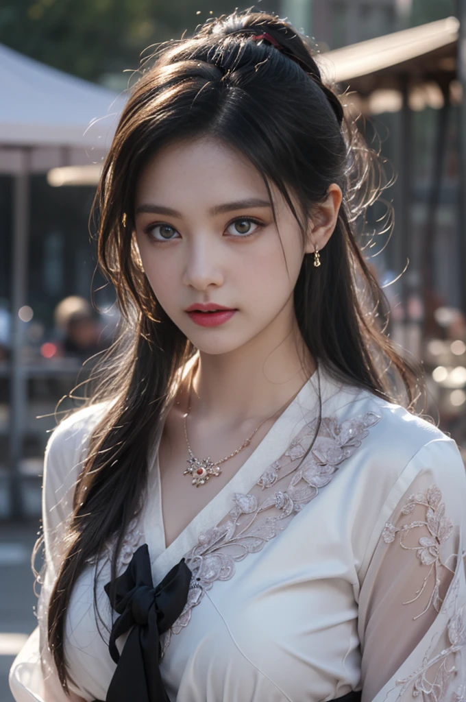 1 beautiful girl in Hanfu costume, ((thin purple-black silk shirt with many patterns)), white lace shirt, long platinum purple ponytail Hair, Jewelry, ear jewelry, necklace necklace and necklace, carefully drawn big purple eyes, careful makeup, Thin eyebrows, high nose, beautiful red lips, no smile, pursed lips, pink cheeks, wide chest, big chest, proportionate chest, waist slim, purple fishnet stockings, feet in white shoes, Chinese hanfu style, fictional art texture, many bright and realistic colors, RAW photos, Realistic photos, ultra-high quality 8k surreal photos, (effective fantasy lighting effect: 1.8), 10 x pixels, magic effect (Background): 1.8), super detailed eyes, full body portrait of girl, Chinese royal garden background, fourth dynamic position