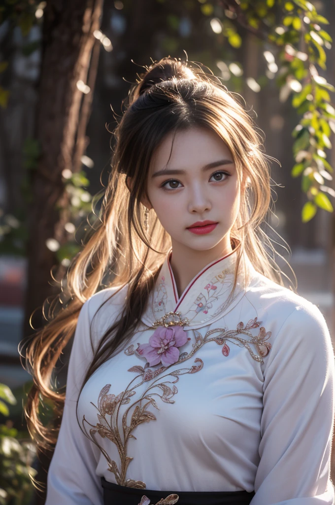 1 beautiful girl in Hanfu costume, ((thin purple-black silk shirt with many patterns)), white lace shirt, long platinum purple ponytail Hair, Jewelry, ear jewelry, necklace necklace and necklace, carefully drawn big purple eyes, careful makeup, Thin eyebrows, high nose, beautiful red lips, no smile, pursed lips, pink cheeks, wide chest, big chest, proportionate chest, waist slim, purple fishnet stockings, feet in white shoes, Chinese hanfu style, fictional art texture, many bright and realistic colors, RAW photos, Realistic photos, ultra-high quality 8k surreal photos, (effective fantasy lighting effect: 1.8), 10 x pixels, magic effect (Background): 1.8), super detailed eyes, full body portrait of girl, Chinese royal garden background, fourth dynamic position