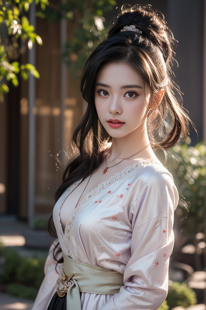 1 beautiful girl in Hanfu costume, ((thin purple-black silk shirt with many patterns)), white lace shirt, long platinum purple ponytail Hair, Jewelry, ear jewelry, necklace necklace and necklace, carefully drawn big purple eyes, careful makeup, Thin eyebrows, high nose, beautiful red lips, no smile, pursed lips, pink cheeks, wide chest, big chest, proportionate chest, waist slim, purple fishnet stockings, feet in white shoes, Chinese hanfu style, fictional art texture, many bright and realistic colors, RAW photos, Realistic photos, ultra-high quality 8k surreal photos, (effective fantasy lighting effect: 1.8), 10 x pixels, magic effect (Background): 1.8), super detailed eyes, full body portrait of girl, Chinese royal garden background, fourth dynamic position