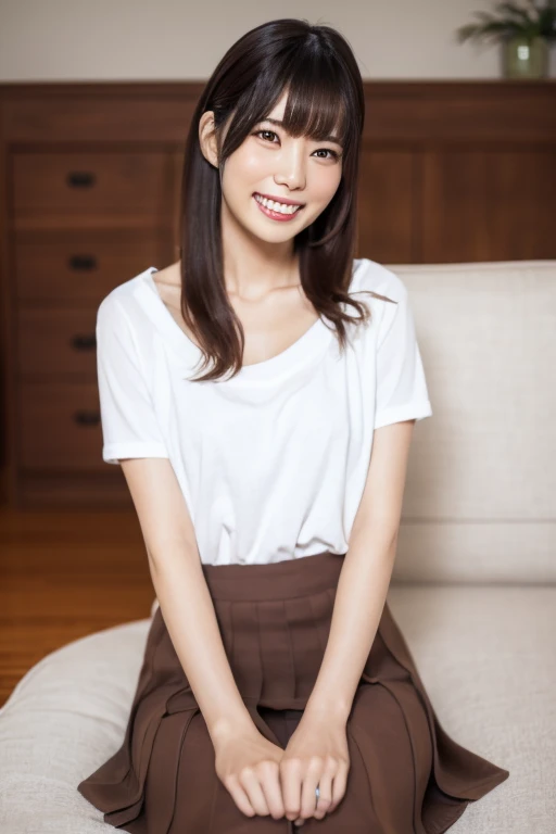 japanese woman、Stylish living room、sitting on the sofa、realistic pictures、High definition skin、beautiful woman、25 years old、beautiful clavicle、beautiful thighs、、smile、no makeup、shirt、pleated mini skirt、beautiful eyes、Beautiful mouth、long hair、brown hair、beautiful hair