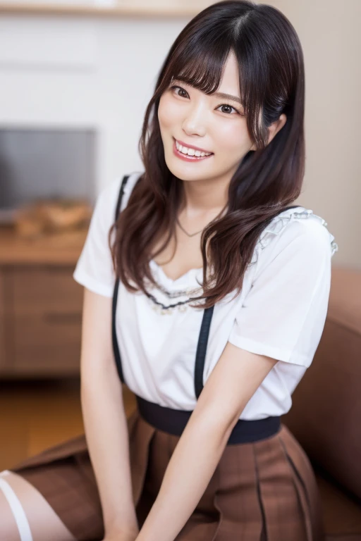 japanese woman、Stylish living room、sitting on the sofa、realistic pictures、High definition skin、beautiful woman、25 years old、beautiful clavicle、beautiful thighs、、smile、no makeup、shirt、pleated mini skirt、beautiful eyes、Beautiful mouth、long hair、brown hair、beautiful hair