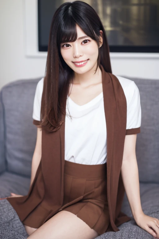 japanese woman、Stylish living room、sitting on the sofa、realistic pictures、High definition skin、beautiful woman、25 years old、beautiful clavicle、beautiful thighs、、smile、no makeup、shirt、pleated mini skirt、beautiful eyes、Beautiful mouth、long hair、brown hair、beautiful hair