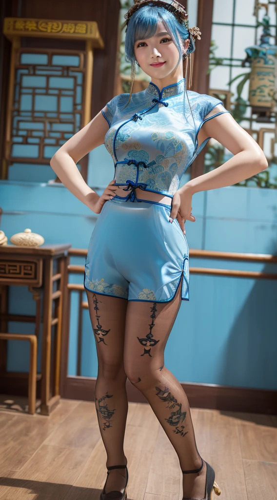 best quality,Limbs、Whole finger、Woman with light blue hair、Wavy hair woman、Beautiful big-breasted woman、Slim beauty、1 female、(((A woman wearing a blue short cheongsam:1.3))), Gold-patterned cheongsam、(((Woman in brown pantyhose)))、A bright smile、Hands on hips