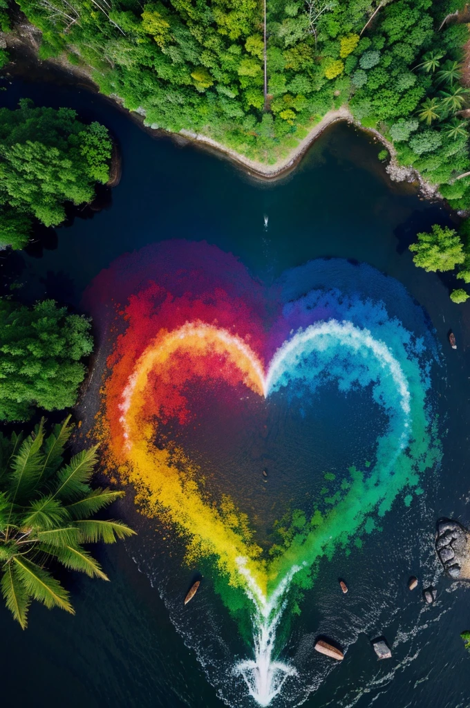 Create rainbow in rain forest. With heart shape river