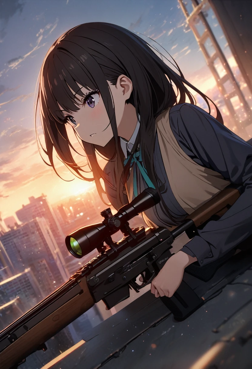 1girl, inoue takina, lycoris recoil, lying down on the rooftop of a building at dawn, with the first light of day breaking through the cityscape. She is holding a Dragunov sniper rifle, looking through the scope and aiming with a focused and determined posture. The cinematic lighting highlights her battle-worn appearance and defiant stance. The scene is a masterpiece of the highest quality with absurd resolution.