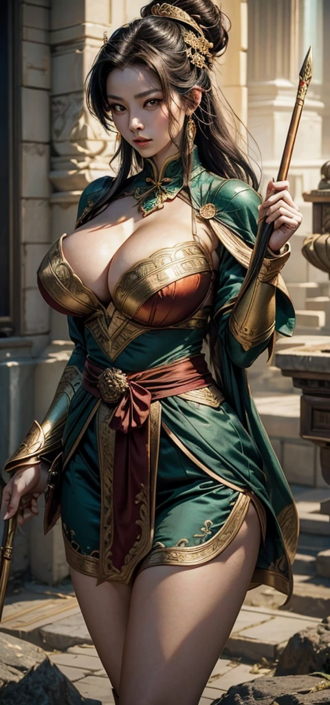 a chinese mature woman,Mature, charming, and alluring.,beautiful,big round breasts,huge breasts,deep cleavage,thick thighs,fleshy thighs,long legs,In the central part of the movie poster, a woman stands on a slightly elevated rock, looking down from above. She holds a spear in one hand, pointing forward, and places the other hand on her waist. She is dressed in light yet magnificent armor, mainly in dark green with golden decorations. A red silk ribbon is tied around her waist, and she wears an exquisite general's helmet, with her long hair tied up.