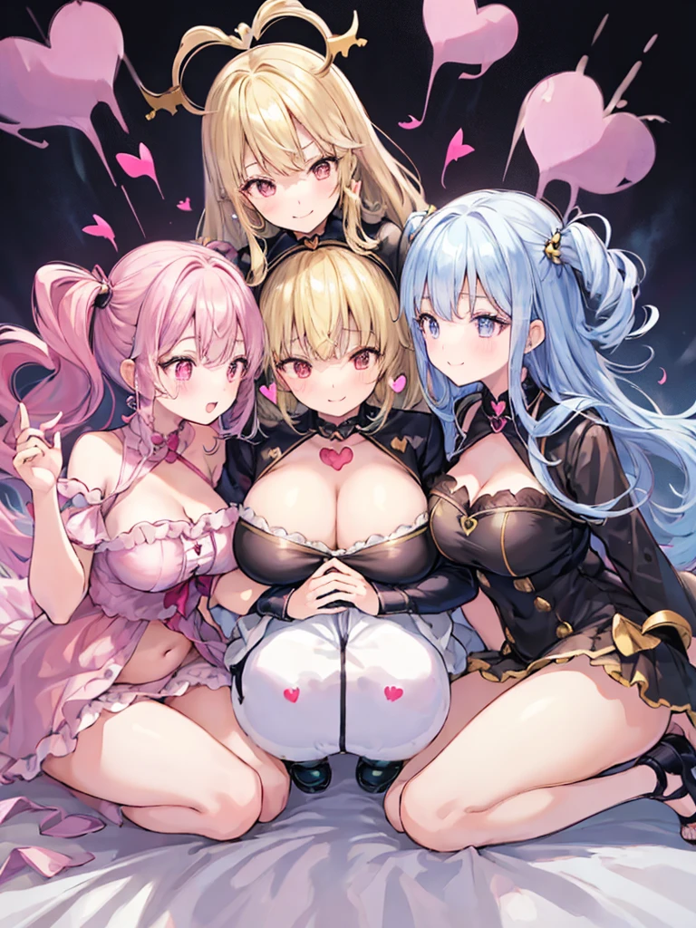 best quality, super fine, 16k, extremely detailed, delicate and dynamic, (3 women and 1 boy:1.4), cute woman,boy, baby face,black hair, pink eyes, A detailed eye, source_anime, high detail, hair ornament,smile, Young features, looking at viewer, (white background:1.3)fluffy hair, Elementary school girls,hair clips, Black Stockings,standing, underwear,age girl, belly button, skirt,beautiful illustrations, highest quality, pretty girl,beautiful girl, clear face, pastel colour ,blonde hair, smile, blush, にこやかなsmile, thighs,perfect hands, five fingereet,Three Succubi (symmetrical succubus wings), (triplets:1.2), (ribbon:1.1), tie, Bree, earrings, Suspicious face, alicious smile, Bruises and ugly facial features, young features, fluffy hair, (Open your mouth and laugh), Chiquita, Colossal tits, (Put your hands on your face), Ruffled uniforms, hair clips, (Ridicule:1.1), looking-down, Angle from behind, respected by women, (upward looking gaze:1.2), (hearts symbol:1.5), (lump of heart:1.5), (heart effect:1.5), (heart mark:1.5), demon tail, Devil's Taiuccubus, (super Colossal tits:1.3), (heart tattoo:1.3), Yodare, Devil's Tail, Chest Alignment, Girl Sandwich face sandwich (confused and blushing,kawaii facepose your ahegao), hug each other, catch them, そしてサンドイッチを作ってサンドイッチにhug each otherポーズ, (burying boy's face in cleavage:1.3), sandwich from front and back, Sullen expression 4p, boy looking away