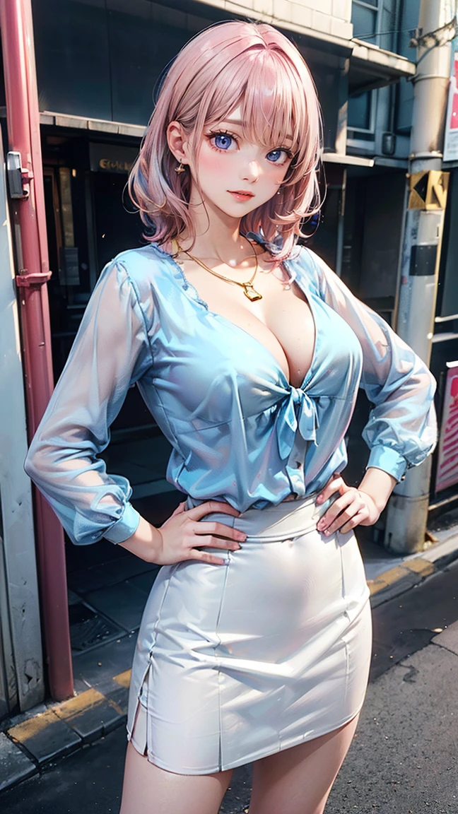 ((Highest quality, 8k, masterpiece :1.3)), (Sharp focus :1.2, Beautiful woman with perfect figure :1.4, Slim Abs), ((Big Breasts, Emphasize cleavage:1.2)), (Photorealistic:1.4), (realistic:1.4), (Pink Hair:1.5), Highly detailed face and skin texture, Fine grain, double eyelid. Makeup face, A little bit of lipstick, sex appeal, Sexy gravure pose, ((Sexy girly beauty in light blue chiffon blouse and white tight skirt。On a street corner, hands on hips、Sexy gravure pose。A simple gold necklace is the key。
:1.3)