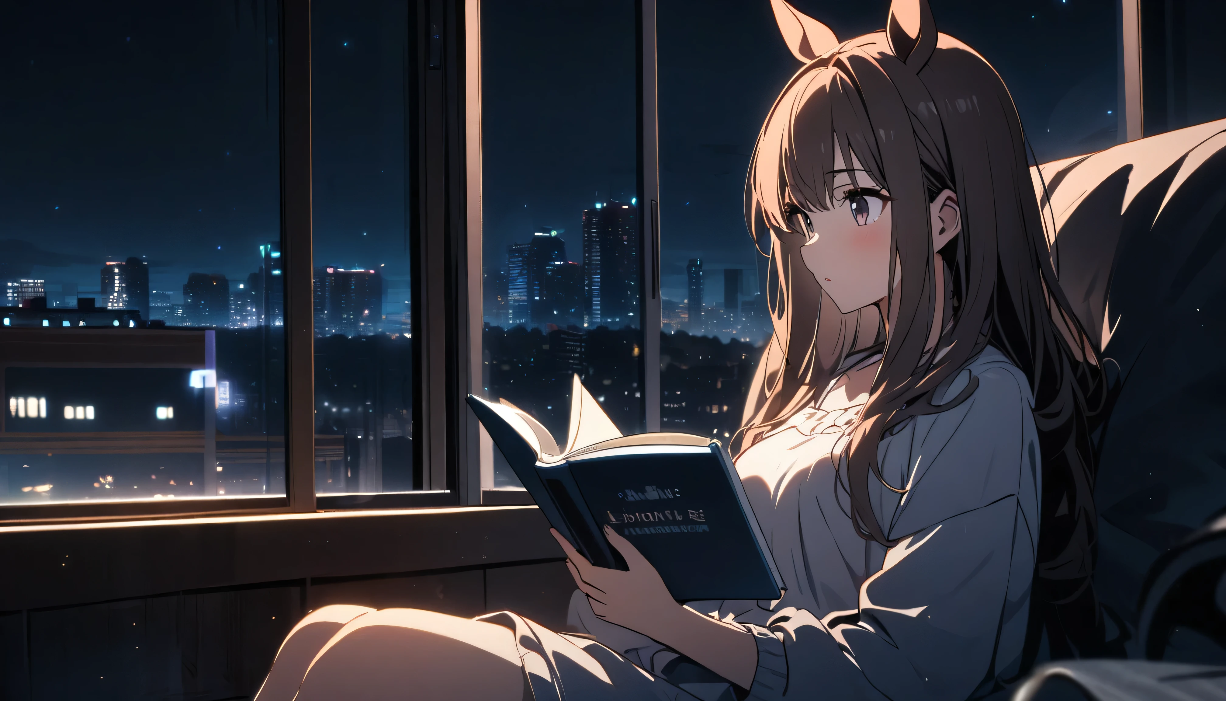 A girl wearing horse ears sitting on a sofa and reading a book,In front of a large window,Night view,Streetscape、8K