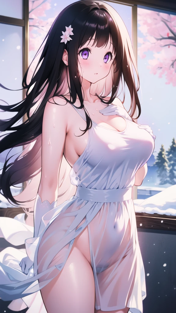 Amazing Chitanda, There is only one beautiful girl,Purple Eyes, Black Hair, Very red face,Very white skin,Glowing skin,Skin as delicate as porcelain,Naturally straight hair, Straight bangs,Extremely refined,Open lips,Long flowing hair,Beautiful Girl, Like a dream,Slim,Slim waist,Soft, (Sensual), (Kawaii), Dream quality,Beautiful big breasts,White transparent loose dress,Areola,Completely naked,Lower edge of breast,White gloves,Flower decoration,Deep V neckline,Loose neckline,Wide neckline,In school,The wind blows the hair,Place your hands on your inner thighs,Thighs clamp hands,Wet skin,Sweaty and sweaty,Sweating all over,On the snow,Back to,Hips,Side body,Gluteal groove,Completely naked的臀部,Bare back,Completely naked的背部,Light transmission,(no pants),nopan,pussy juice,Bare shoulders,There are no shoulder straps,Bare neck,Exposed collarbone,Exposing breasts,Exposing breasts侧面,Exposing breasts下面,Show your waist,Show your buttocks,Show your thighs,Exposing the groin,(No pants),extremely shy,Ultra-high resolution, (masterpiece:1.2, best quality), (Delicate and beautiful eyes: 1.2), (Beautiful and delicate face)