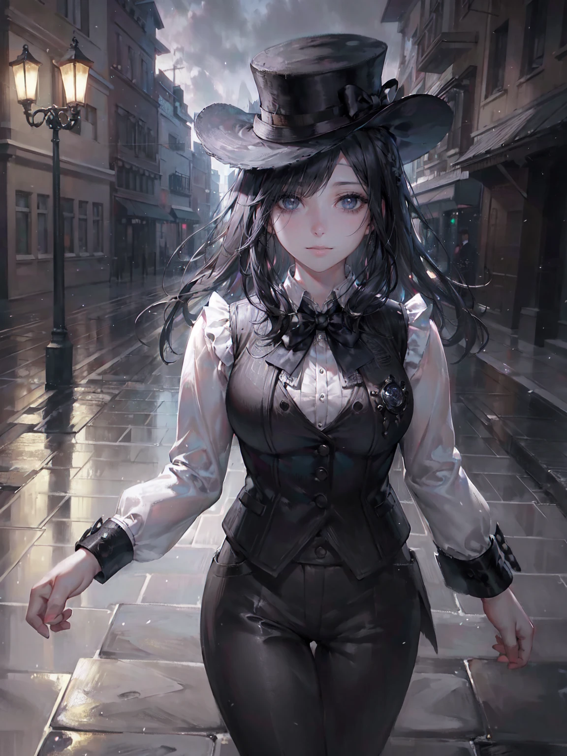 A girl in a waistcoat, tailcoat, trousers and a top hat, detailed intricate victorian architecture, cobblestone streets, puddles reflecting the street lights, gas lamps, moody cloudy sky, cinematic lighting, dramatic shadows, photorealistic, masterpiece, (best quality,8k,highres,detailed:1.2),cinematic,dramatic lighting