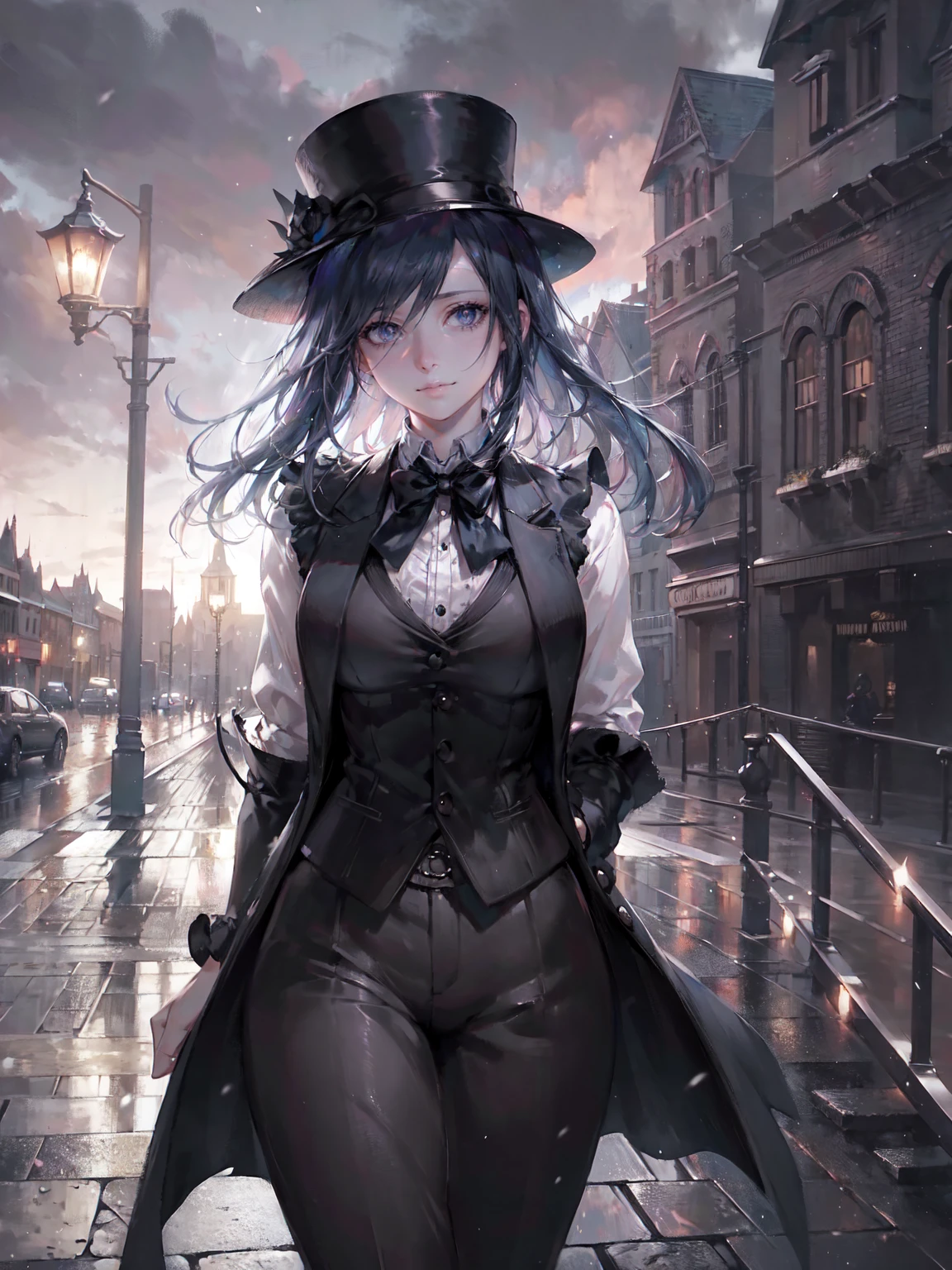 A girl in a waistcoat, tailcoat, trousers and a top hat, detailed intricate victorian architecture, cobblestone streets, puddles reflecting the street lights, gas lamps, moody cloudy sky, cinematic lighting, dramatic shadows, photorealistic, masterpiece, (best quality,8k,highres,detailed:1.2),cinematic,dramatic lighting