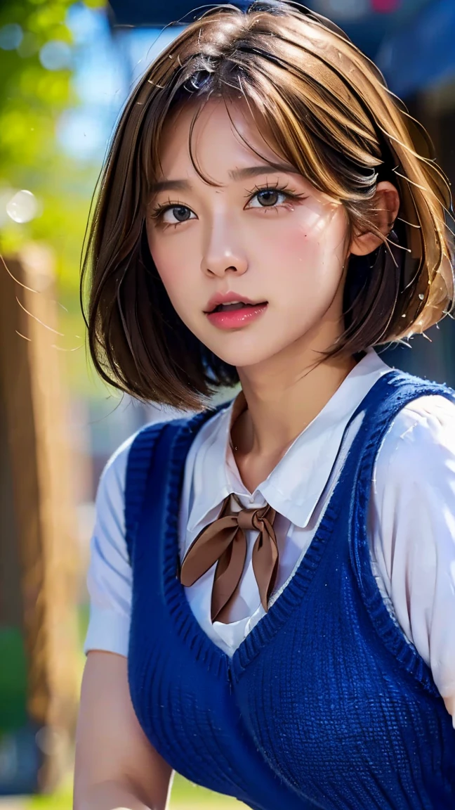 (masterpiece:1.2, Highest quality), (Realistic, photoRealistic:1.4), Beautiful illustrations, (Natural Side Lighting, Cinema Lighting), Written boundary depth,
Looking at the audience, Front view, 1 girl, 20-year-old, Perfect Face, Symmetrical cute face, Glowing Skin, Leg spread,
(Bob Hair:1.7,blonde), Asymmetrical bangs, Beautiful Hair, Big eyes, Droopy eyes, Long eyelashes, Beautiful and beautiful eyes, Pale pupils,
Beautiful Face, Beautiful clavicle, Beautiful body, Beautiful breasts, Large Breasts, Beautiful thighs, Beautiful legs, Beautiful fingers,
((Quality fabric texture, Brown knitted vest, Short sleeve white collar shirt, Navy Pleated Skirt, Navy bow tie)),
(Beautiful views), evening, On all fours,(Stick your butt out、Leaning forward:1.1), (Embarrassed expression, Superior, Ecstasy face, Climax expression), (((No pants, Genitals are visible))), whole bodyショット,whole body,(8Head to Body), Dark blue socks, Sexy Face,