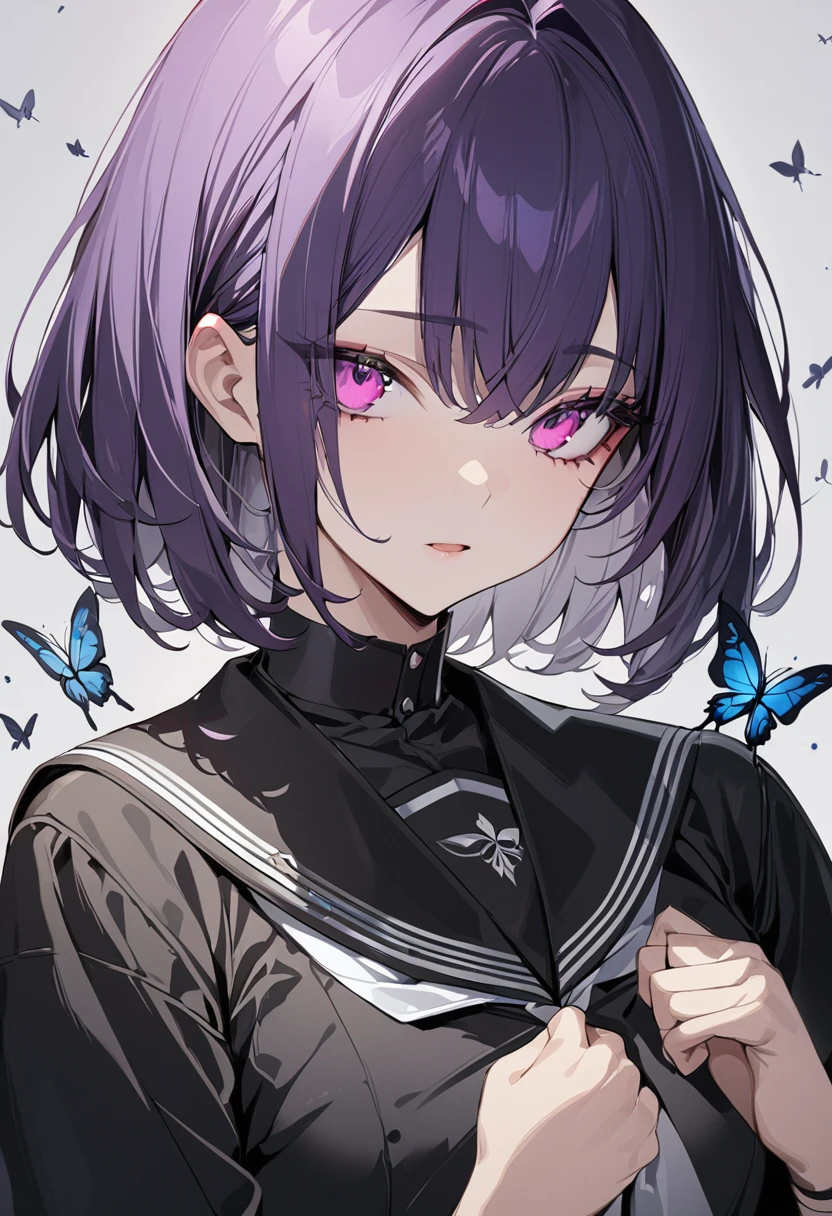 One girl, best quality, masterpiece, beautiful girl, big eyes, pink eyes, dark purple hair, short hair, black sailor suit, butterfly, butterfly, gray background