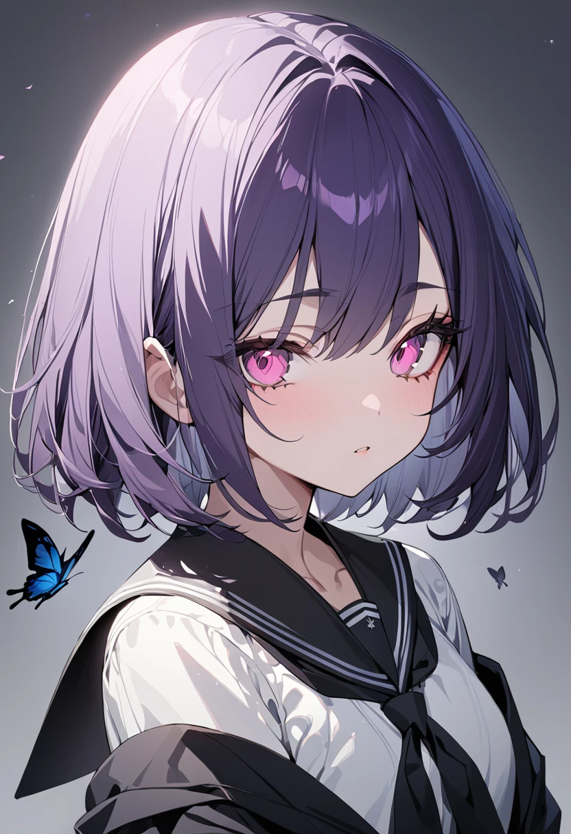 One girl, best quality, masterpiece, beautiful girl, big eyes, pink eyes, dark purple hair, short hair, black sailor suit, butterfly, butterfly, gray background