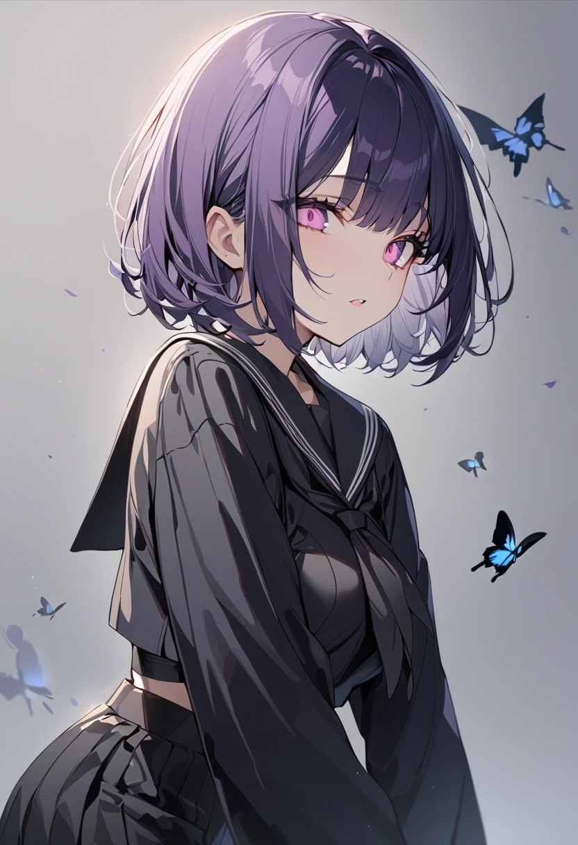 One girl, best quality, masterpiece, beautiful girl, big eyes, pink eyes, dark purple hair, short hair, black sailor suit, butterfly, butterfly, gray background