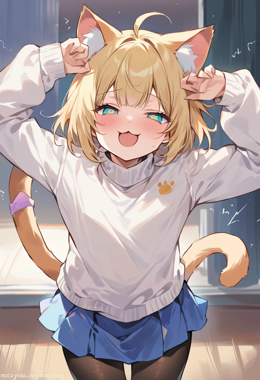 (masterpiece, Highest quality:1.2), Dick，neco-arc, Sex，girl, Animal ears, alone, Cat ear, skirt, tail, reis eyes, blonise hair, elongated pupils, pantyhose, Open your mouth, :3, cat tail, View your viewers, black pantyhose, blue skirt, smile, bangs, Little, Antenna Hair, short hair, Long sleeve, white sweater, sweater, Cat girl, :is, shirt, turtleneck, white shirt, star \(null\), miniskirt, Raise your arms, paroisy, Cowboy Shot, stanising