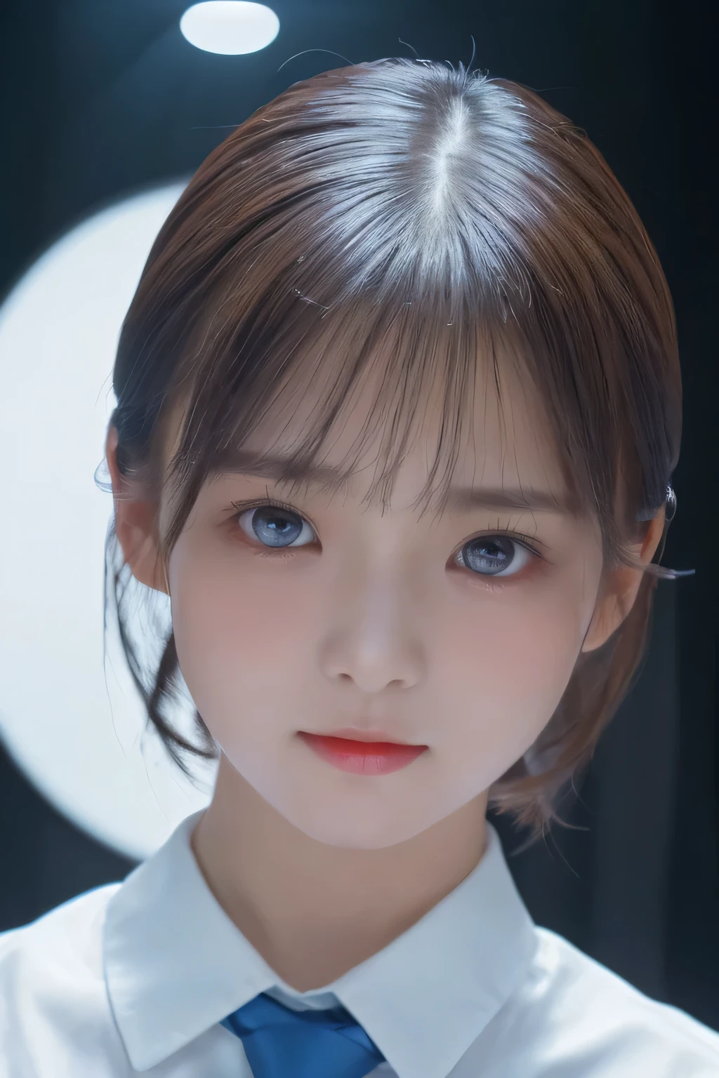 (8k、masterpiece, Highest quality, High resolution,Super Resolution,Very detailed)、1 Girl、(************)、Round face、slim、(Flat Body:1.45)、cute、 (Close up face shot:1.23)、White shirt with blue tie、Fantasy、、(Chiaroscuro:1.3)、