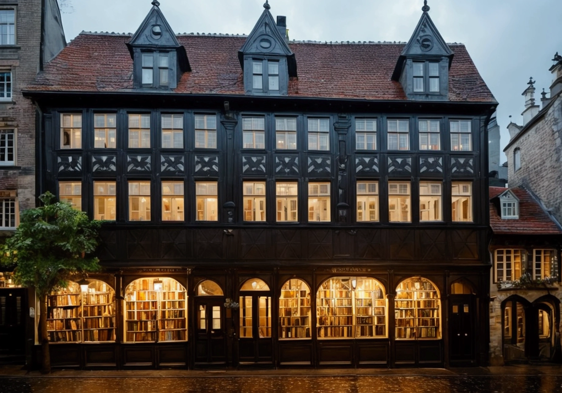 A highly realistic scene of a small, single-story, old and charming bookstore in a historic European town. The setting is during a rainy evening at dusk, with the sky overcast and the streets wet from the rain. The bookstore features a quaint wooden façade, large inviting windows, and a vintage sign hanging above the entrance. The surrounding cobblestone streets glisten under the soft glow of streetlights and lanterns. The nearby buildings showcase classic European architecture, with ivy-covered walls and detailed stonework, adding to the historic ambiance. The overall atmosphere is moody and enchanting, with a sense of history and mystery. No humans are present in the scene.