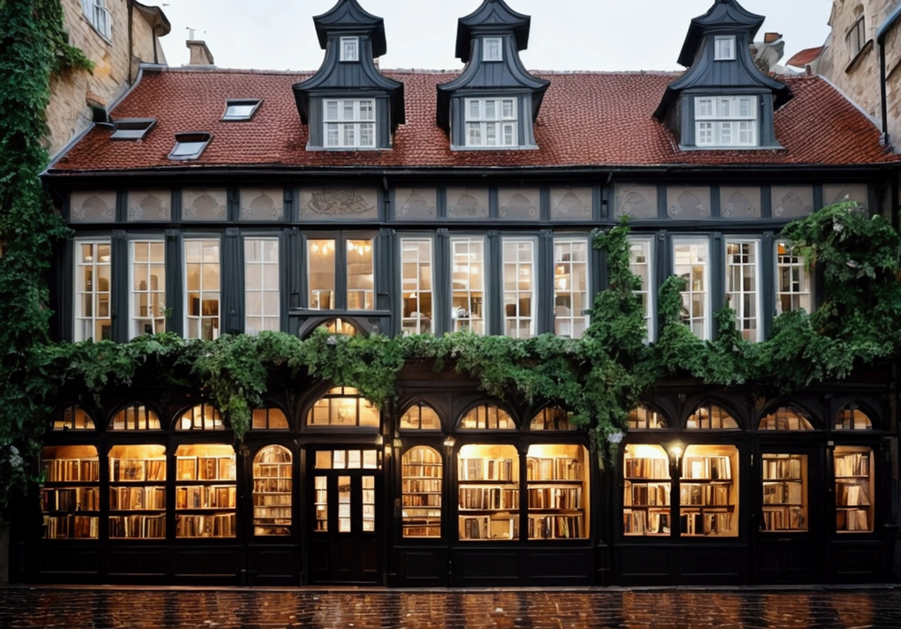 A highly realistic scene of a small, single-story, old and charming bookstore in a historic European town. The setting is during a rainy evening at dusk, with the sky overcast and the streets wet from the rain. The bookstore features a quaint wooden façade, large inviting windows, and a vintage sign hanging above the entrance. The surrounding cobblestone streets glisten under the soft glow of streetlights and lanterns. The nearby buildings showcase classic European architecture, with ivy-covered walls and detailed stonework, adding to the historic ambiance. The overall atmosphere is moody and enchanting, with a sense of history and mystery. No humans are present in the scene.